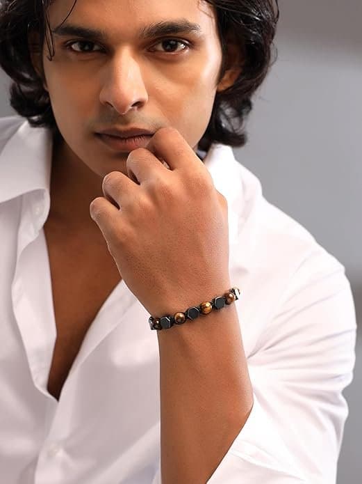 Yellow Chimes Beads Bracelets for Men | Fashion Black Bracelet | Sretchable Mens Bracelets Irregular Stone Bracelet For Boys| Hand Accessories for Men | Birthday Anniversary Gift for Men & Husband thumbnail 2