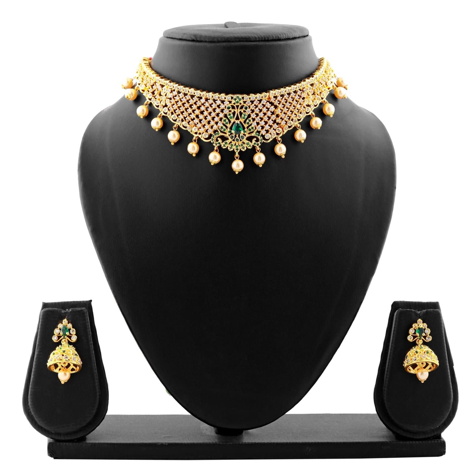 Women Estele Gold Plated CZ Traditional Bridal Choker Set with Pearls thumbnail 2