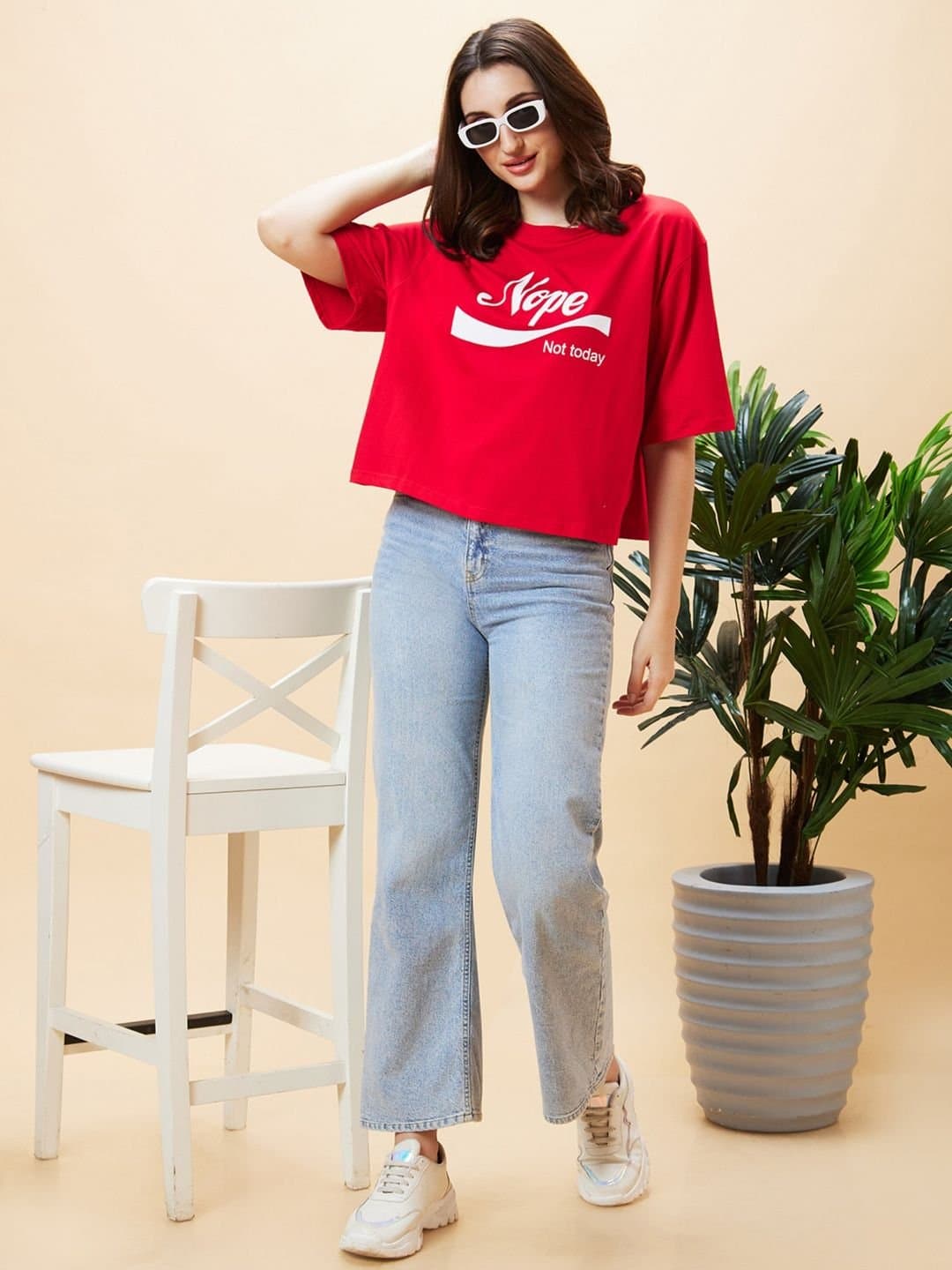 Women Red Drop Shoulder Graphic Printed Oversized Trendy Crop T-Shirt thumbnail 3