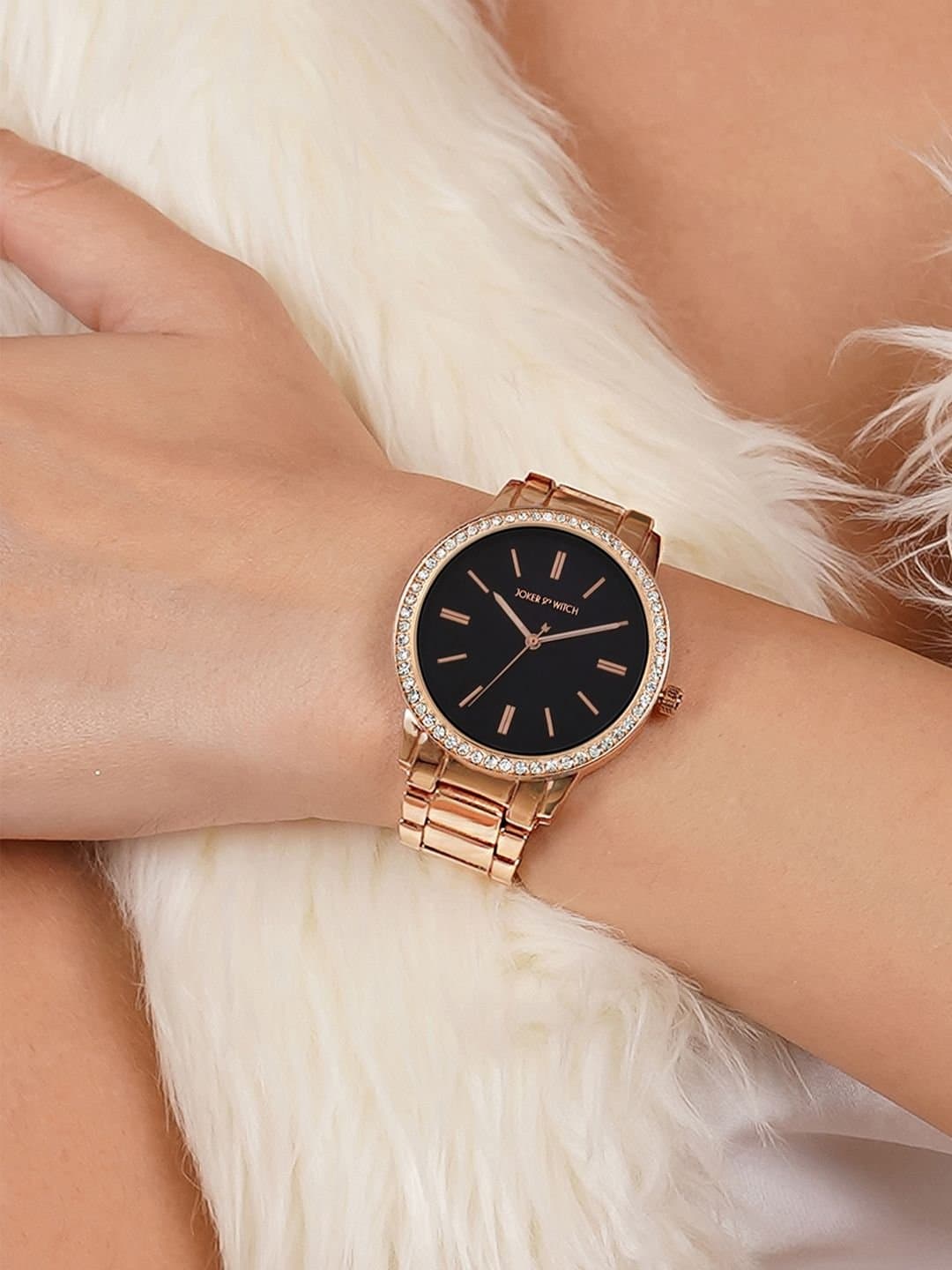 Joker & Witch Halo Black Dial Rose Gold Metallic Strap Rhinestone women Watch