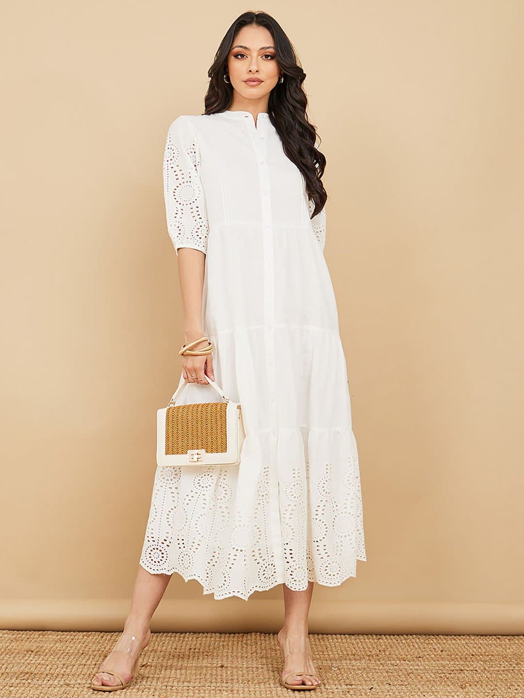 Three Fourth Sleeve Schiffli Shirt Midi Dress